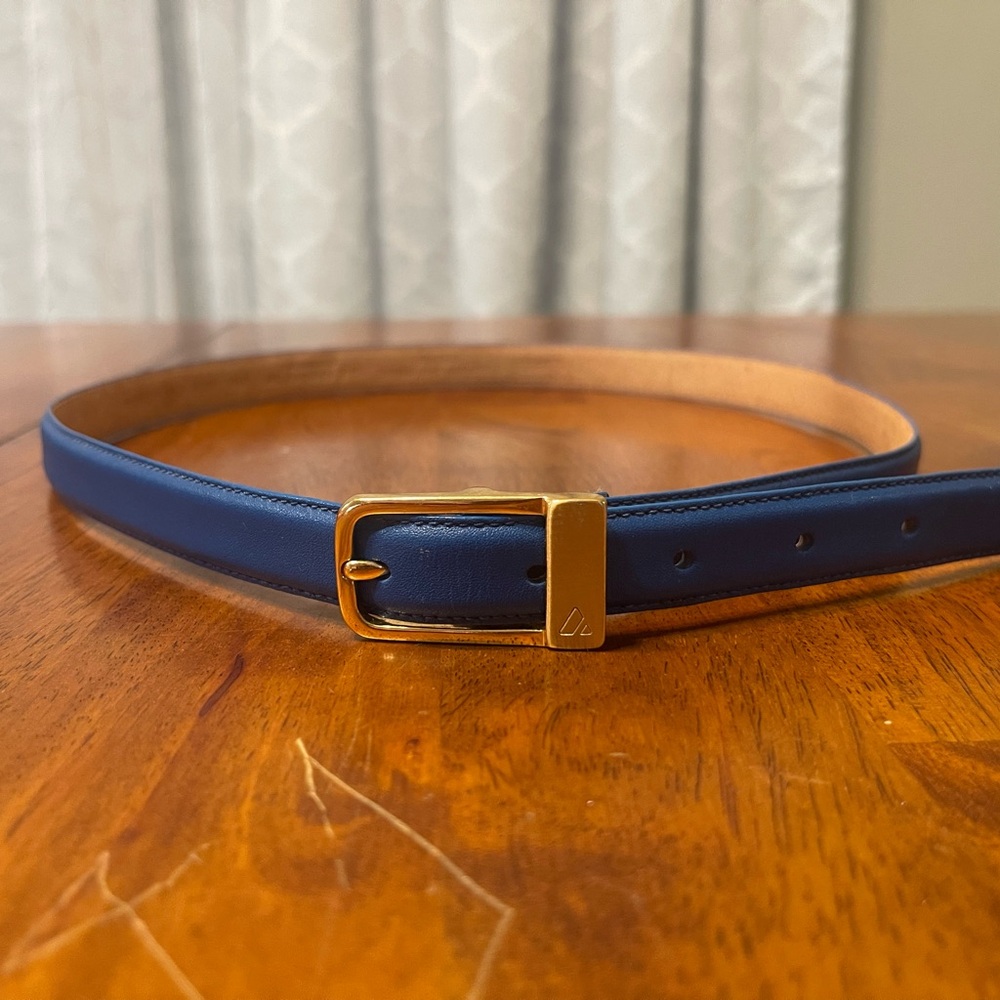 Classic Navy Leather Belt with Gold Buckle